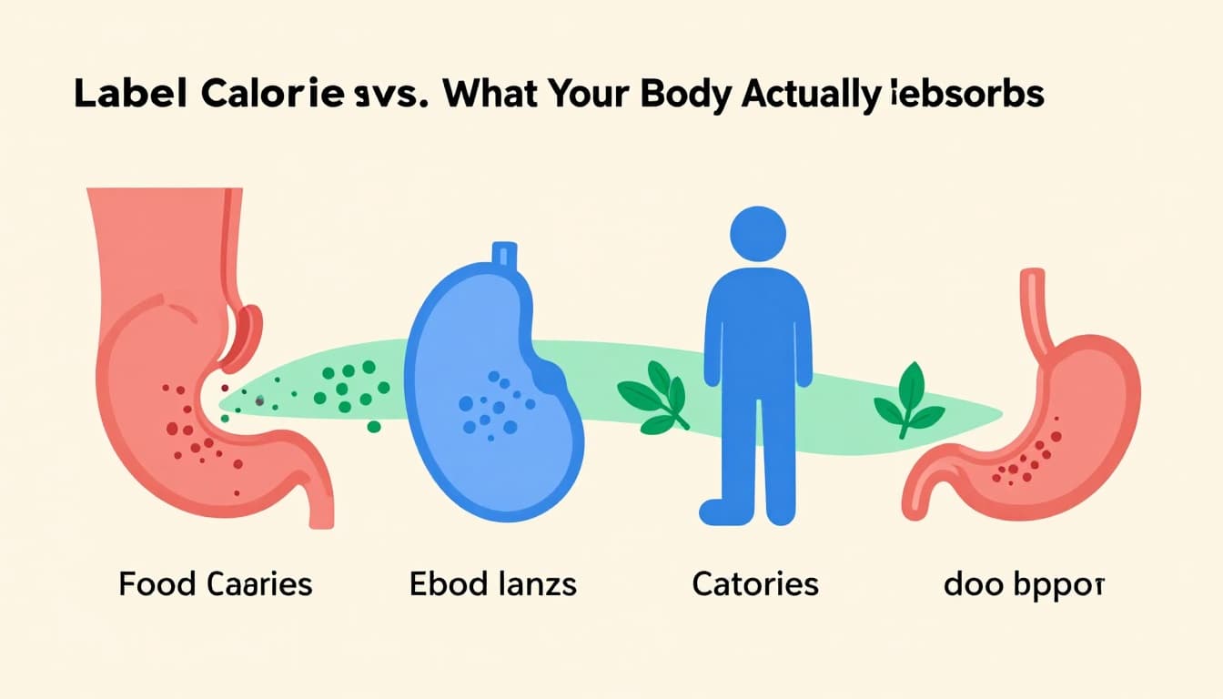 Modern illustration of digestive process: food particles entering stomach, some absorbed, fiber passing through. Clean shapes in soft reds, blues, greens on beige background with left-to-right flow.