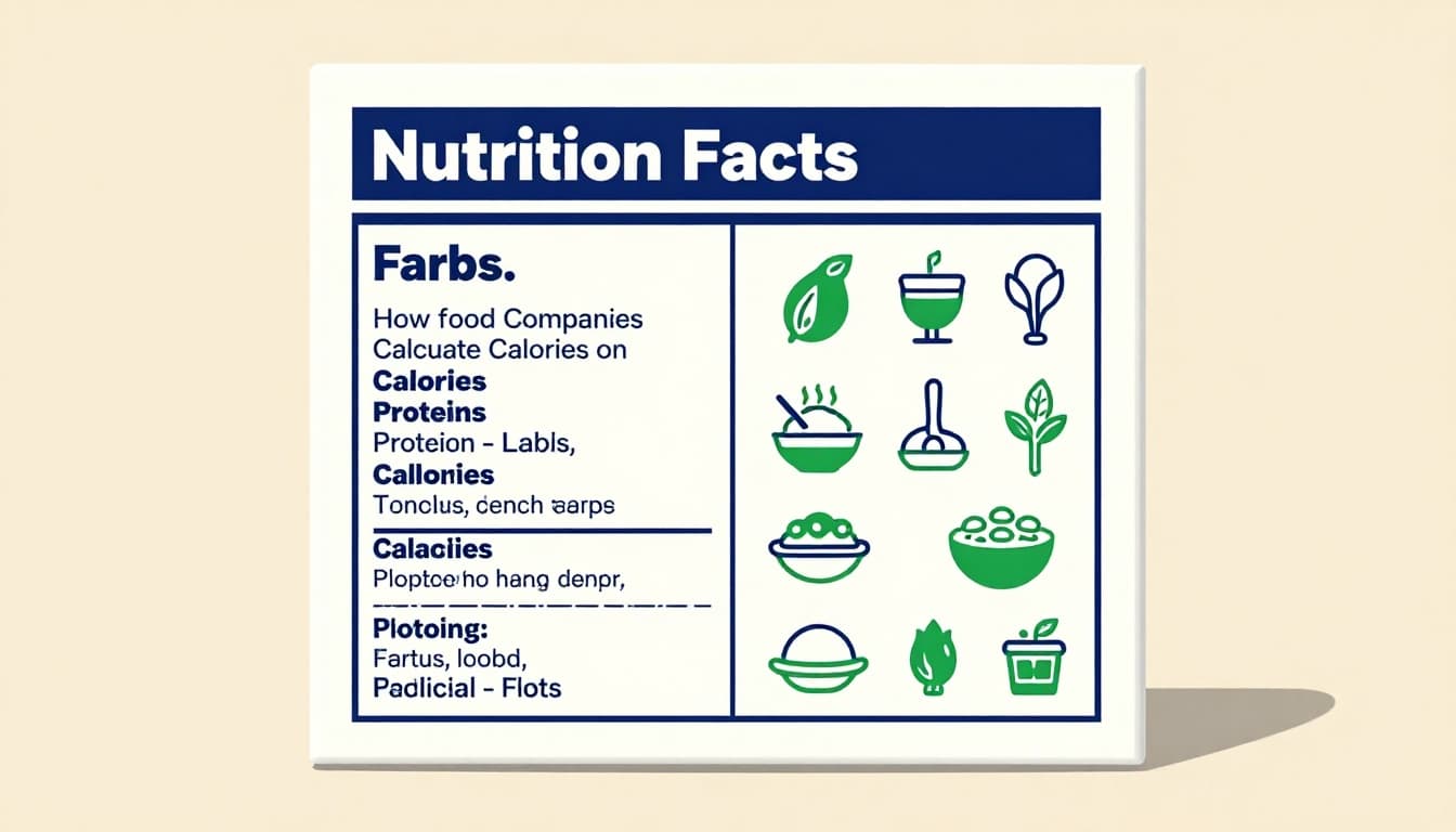 Modern illustration of a nutrition facts label on a cereal box, featuring visual icons that break down calories into carbs, proteins, and fats. Clean design with blues, greens, whites on a soft beige background.
