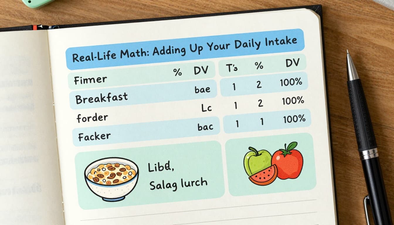 Modern illustration of a simple daily meal tracker chart on a notepad showing %DV for fiber from breakfast cereal, salad lunch, and fruits snack totaling near 100%, in clean blues-greens palette.