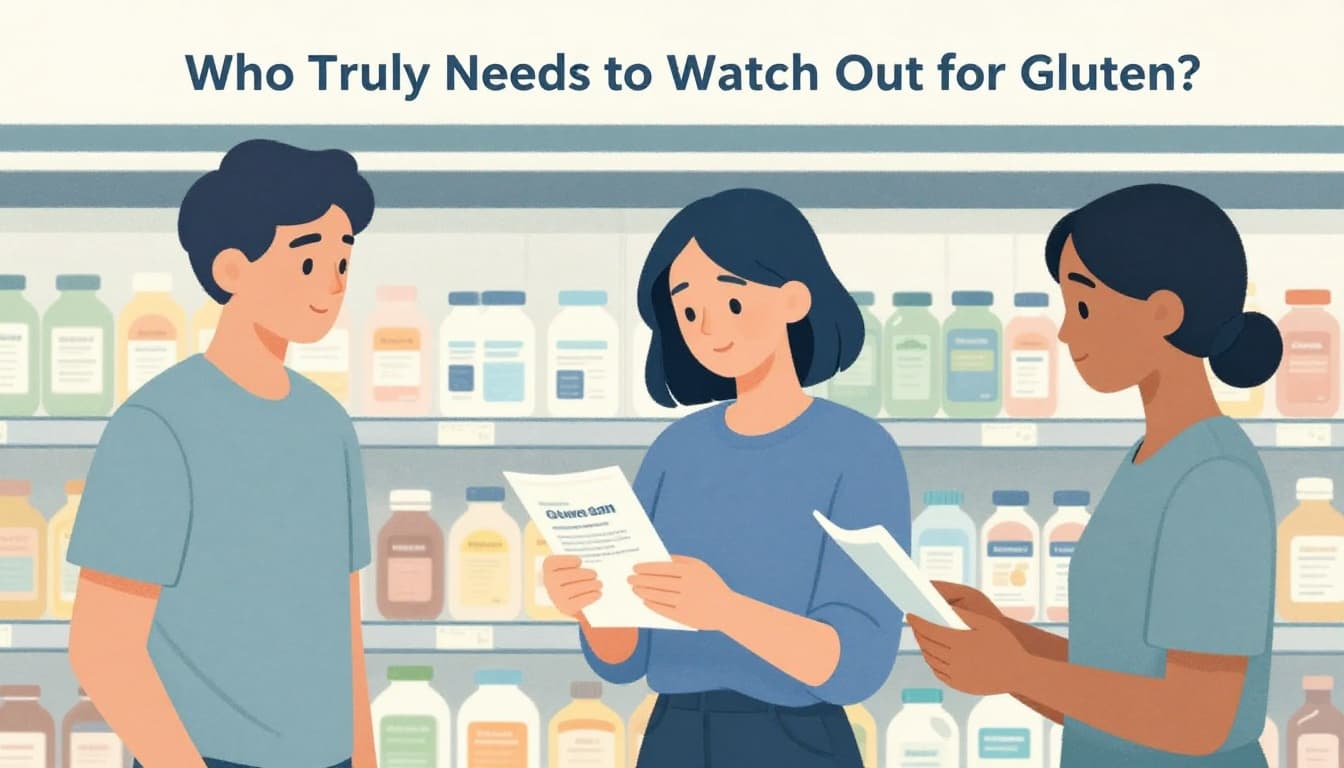 Modern illustration of three diverse people in a grocery store aisle closely examining gluten-free labeled products on shelves, with clean shapes, soft natural lighting, and a pastel palette of blues and greens.