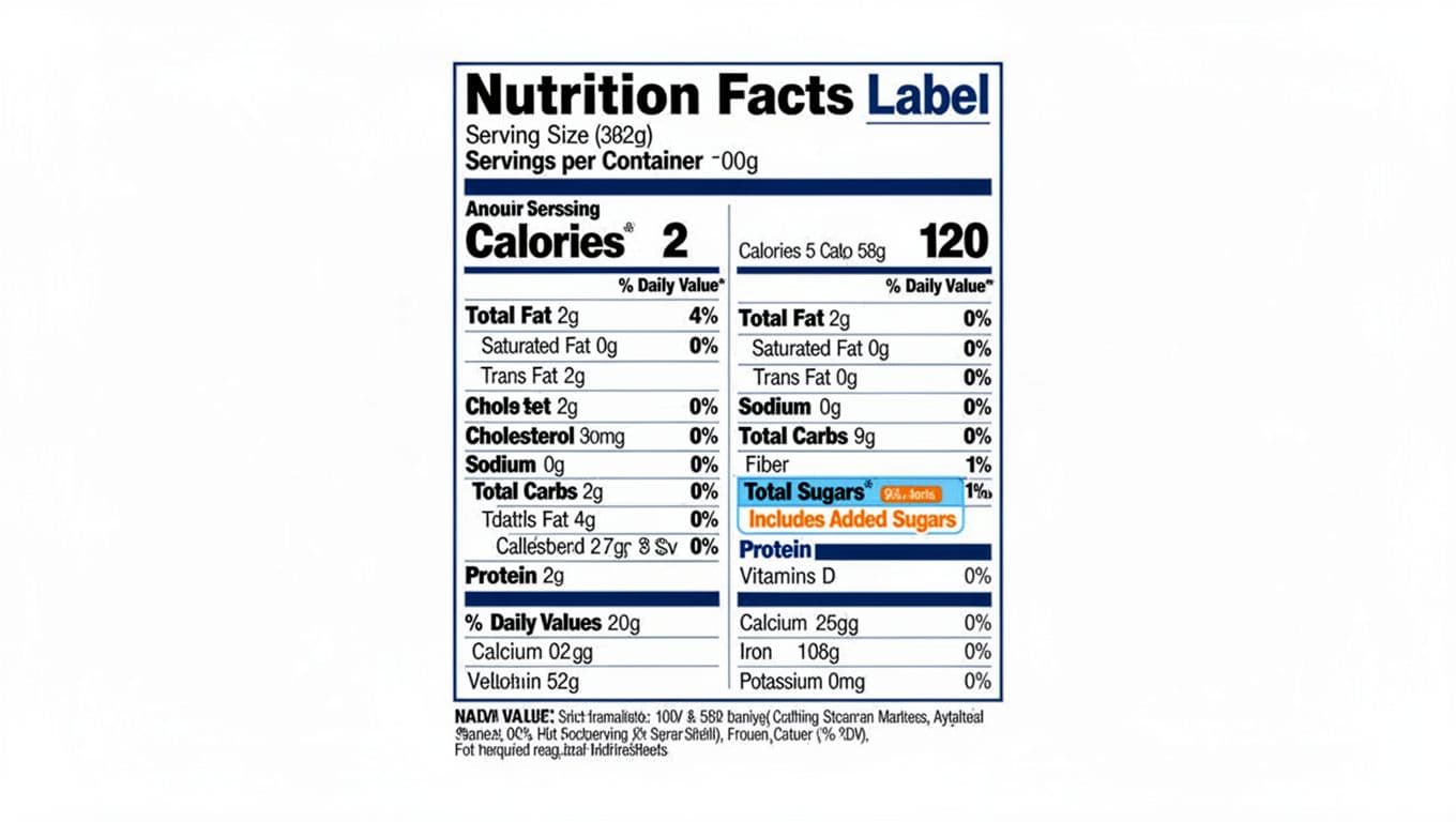 Modern illustration of a dual-column Nutrition Facts label for large food packages, featuring servings, calories, fats, carbs, sugars, protein, and % Daily Values for key nutrients in precise FDA layout.