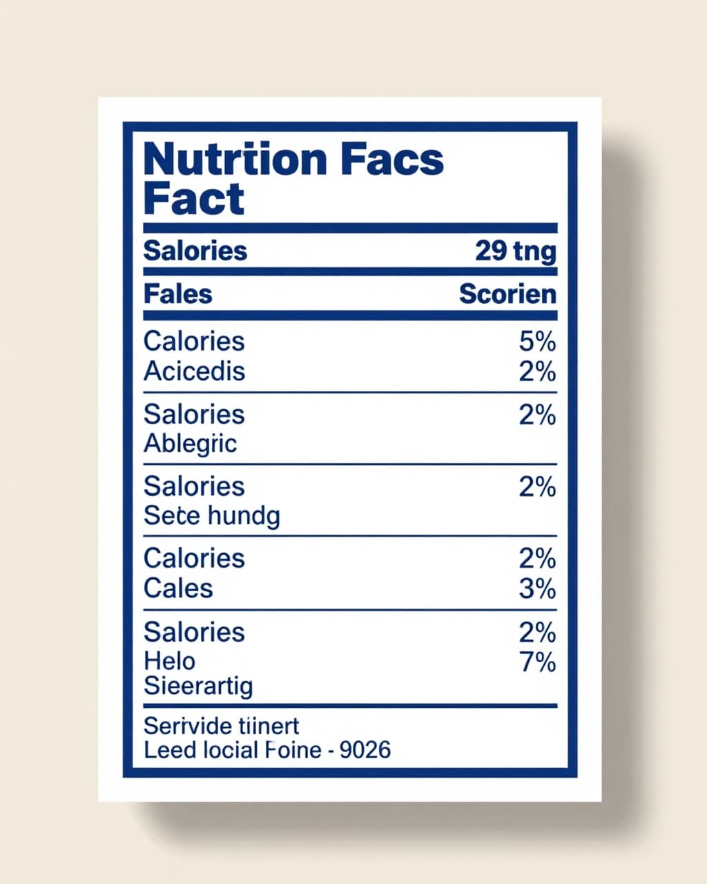 Modern illustration of FDA nutrition facts label format with bold calories and serving size highlighted visually. Clean shapes in blue and white palette on soft beige background with strong vertical composition.