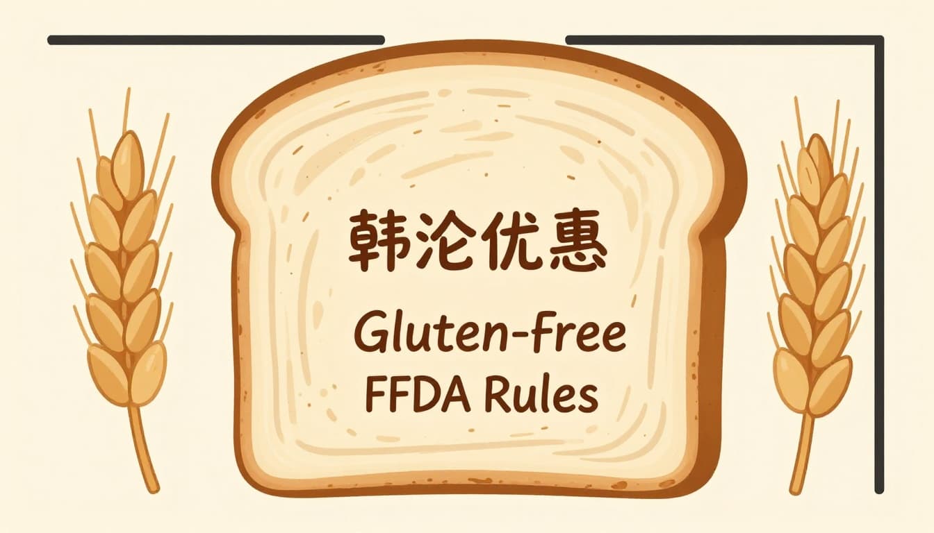 Modern illustration of a close-up nutrition label on a bread package with the gluten-free claim highlighted, positioned next to wheat grains and barley in earth tones and clean shapes.