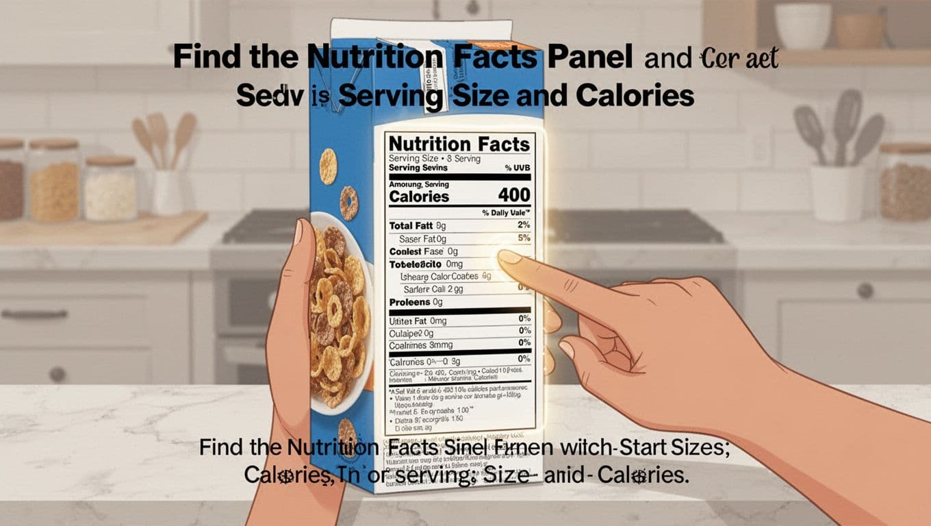 Modern illustration of a hand holding a cereal box against a kitchen counter, finger pointing to the Nutrition Facts label highlighting serving size and calories with a subtle glow.