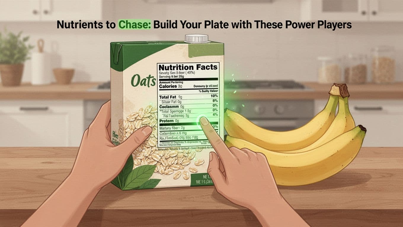 Modern illustration of a hand holding an oats box and bananas on a wooden kitchen counter, with a finger pointing to the Nutrition Facts label highlighting dietary fiber and potassium in a subtle green glow. Clean design with earth tones, centered composition, and natural lighting.