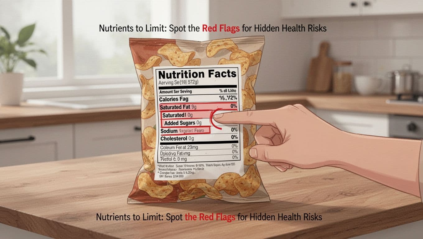 Close-up illustration of a hand holding a snack package on a wooden kitchen counter, with a finger pointing to the Nutrition Facts label highlighting saturated fat, added sugars, sodium, and cholesterol in red.