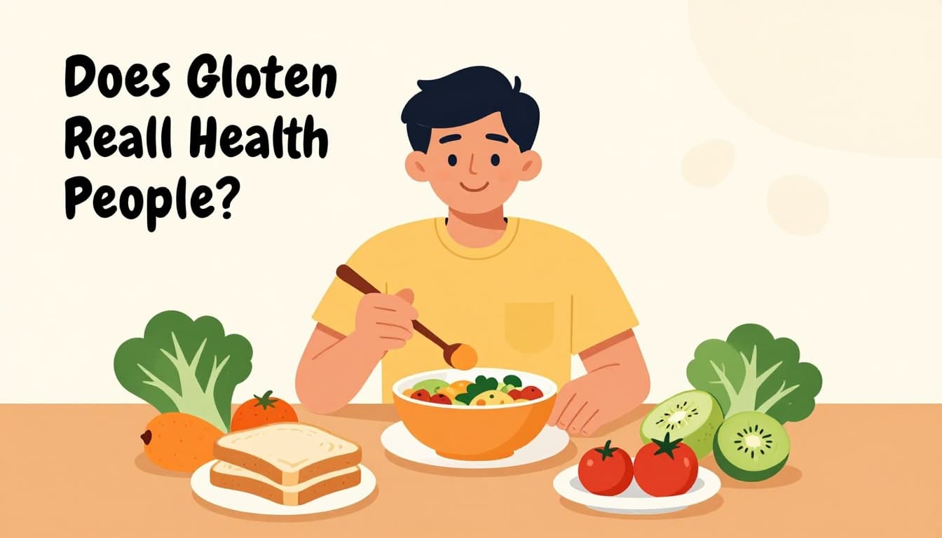 Modern illustration of a healthy person with a happy expression enjoying a balanced meal with bread, fruits, and vegetables on a table, featuring clean shapes, warm natural lighting, and a vibrant color palette.