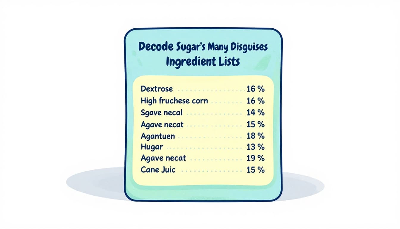 Illustration of a grocery product label with hidden sugar names like dextrose, high-fructose corn syrup, agave nectar, and cane juice highlighted in yellow tones on a plain white background.
