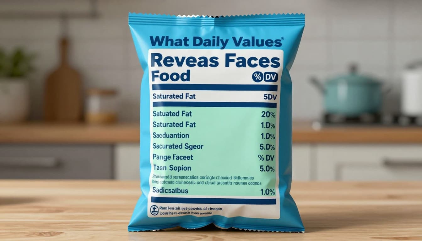Modern illustration of a nutrition facts label on a packaged snack like chips, highlighting saturated fat and sodium %DV sections, in a realistic kitchen table setting with soft lighting and cool blue-green palette.