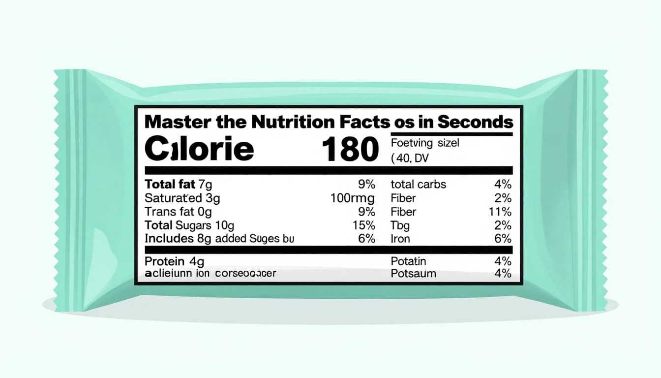 Modern illustration of a detailed Nutrition Facts label from a snack bar package, highlighting serving size 1 bar (40g), 180 calories, total fat 7g, carbs 25g, sugars 10g, protein 4g, and daily value percentages in soft blues, greens, and whites.