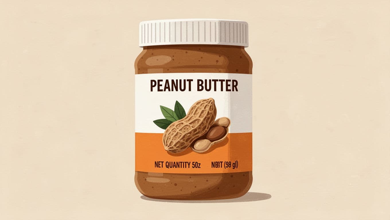 Modern illustration of the front principal display panel of a peanut butter jar, with clear product identity area at top, net quantity label at bottom, using clean simple shapes and an earthy palette of browns, oranges, and whites.