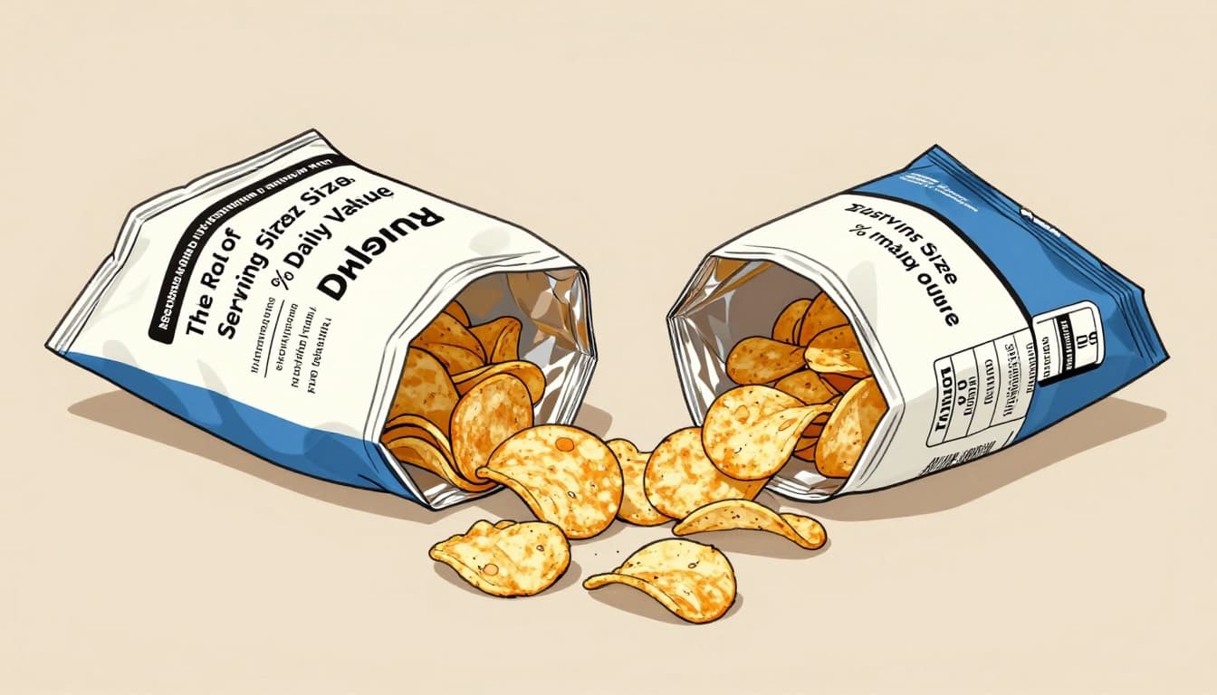Modern illustration depicting a small handful serving of chips contrasted with an entire open bag on a table, nutrition label nearby, using clean shapes in earth tones and blues with split composition on beige background.