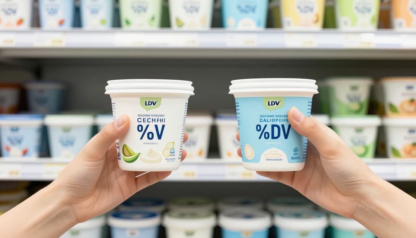 Illustration of a single person in a grocery store aisle holding and comparing two yogurt containers, one with high calcium %DV and the other low, using clean shapes, blues and greens palette, and soft lighting.