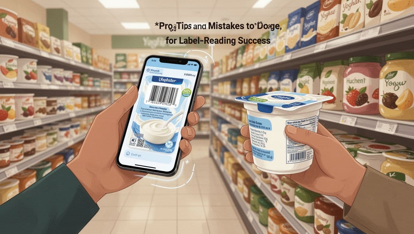 Modern illustration of a hand holding a smartphone scanning a yogurt package barcode in a bright grocery aisle, with another hand holding plain yogurt for label comparison, using clean shapes, earth tones, and natural lighting.