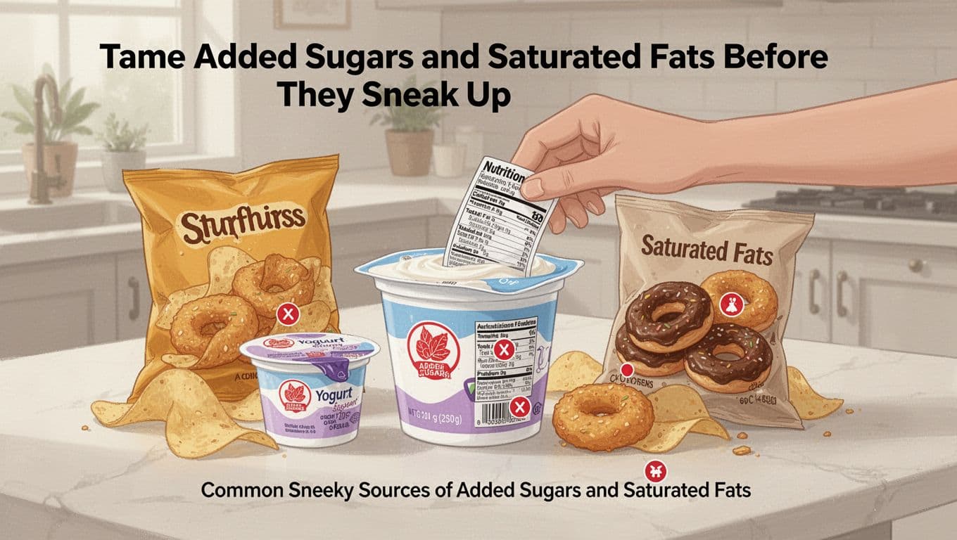 Modern illustration of yogurt cup and fried snack bag on kitchen table, subtle red icons on nutrition labels for added sugars and saturated fats, one hand flipping yogurt label.